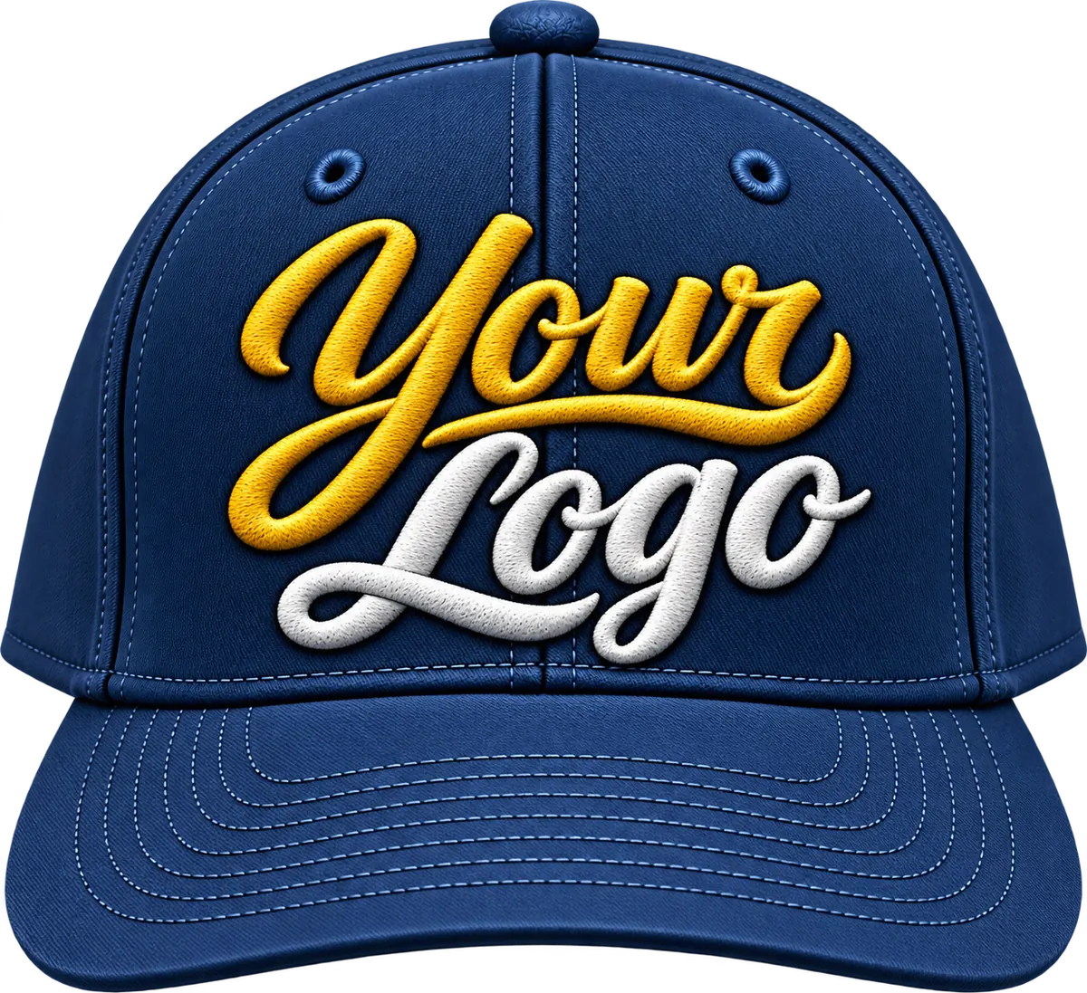 Navy six-panel cap with raised yellow and white logo embroidery