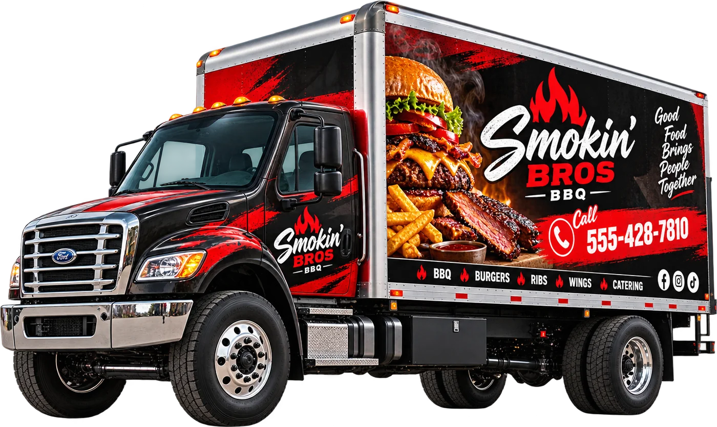 Box truck in a full black and red vinyl wrap for a BBQ business